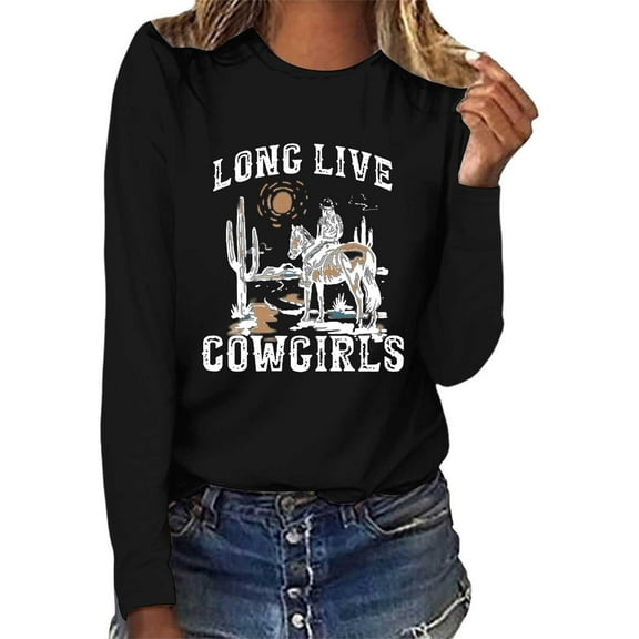 Women Long Sleeve Shirts Vintage Western Cowgirl Graphic Crewneck Tee Tops Casual 2025 Trendy Loose Fit Workout Blouses Black L