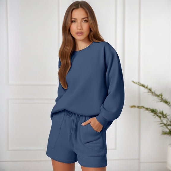 Women Long Sleeve Shorts Solid Color Casual Round Neck Loose Fit Pocket Drawstring Set Swimming Suit for Women Long Swimsuit with Shorts Sweat Shorts Suit Women Swim Shorts Bathing Suit for Women