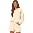 thumbnail image 1 of Women Long Sleeve Shorts Solid Color Casual Round Neck Loose Fit Pocket Drawstring Set, 1 of 2