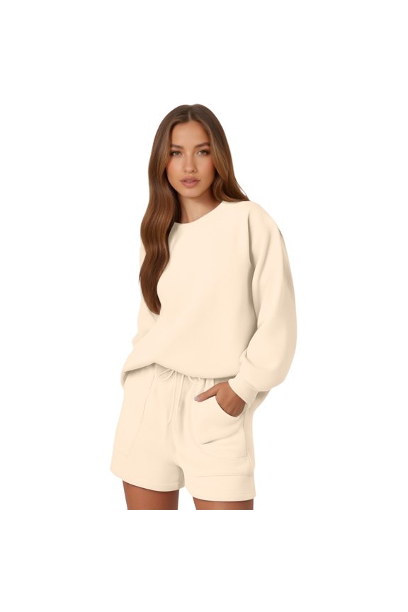 Women Long Sleeve Shorts Solid Color Casual Round Neck Loose Fit Pocket Drawstring Set