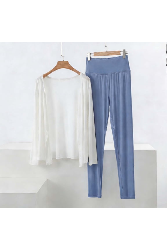 Women Long Sleeve Sleepwear Set Casual Loose Open Front Cardigans High Waisted Pants Lightweight Loungewear New Two Piece Pants Set for Women Going out Light Blue L