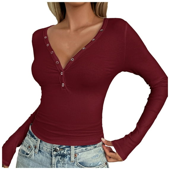 Women Long Sleeve Slim Fit Going Out Crop Top Casual V Neck Basic Blouse Pullover Streetwear