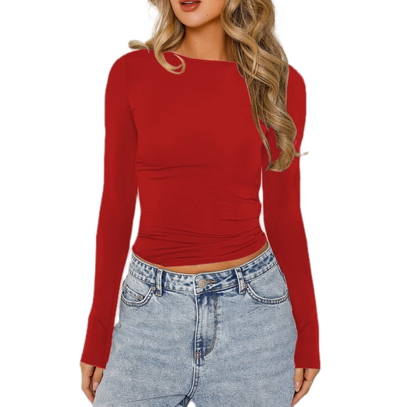 Women Long Sleeve Slim Fitted T-Shirt Blouse Crew Neck Solid Basic Tops Causal Crop Tops