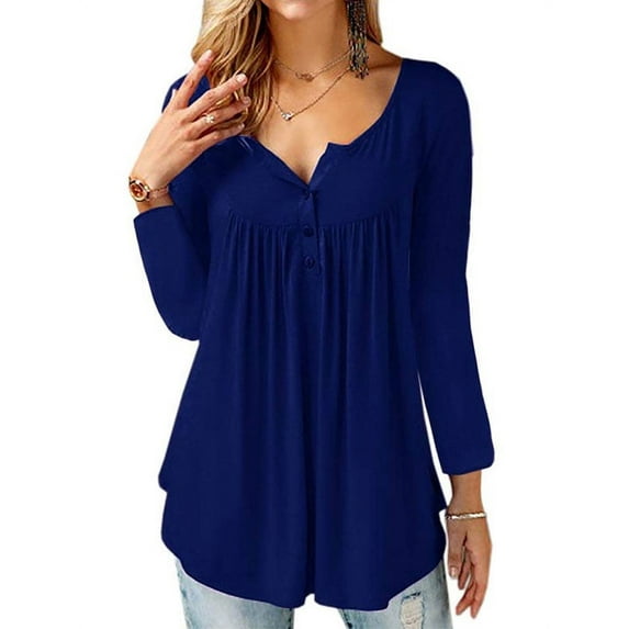 Women Long Sleeve Solid Color Ruched Buttons Tunic Top