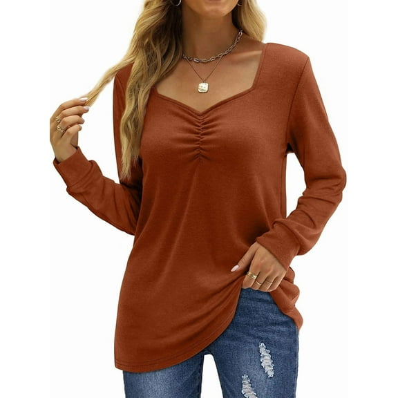 Women Long Sleeve Solid Color Sweetheart Collar Elegant Casual Print Blouse Sweatshirt Tunics Pullover Orange Red XL