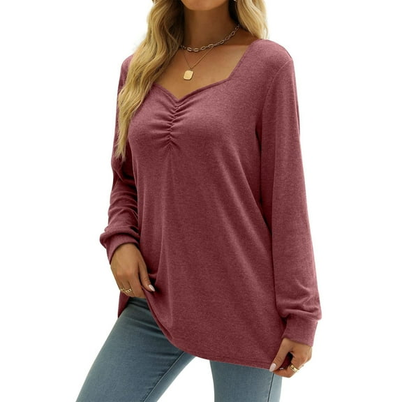 Women Long Sleeve Solid Color Sweetheart Collar Elegant Casual Print Blouse Sweatshirt Tunics Pullover Purple Red S