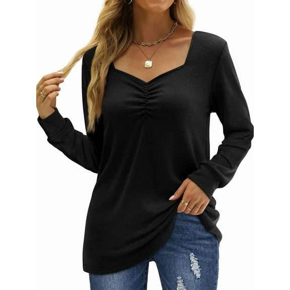 Women Long Sleeve Solid Color Sweetheart Collar Elegant Casual Print Blouse Sweatshirt Tunics Pullover Black M