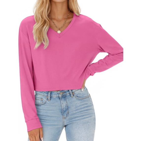 Women Long Sleeve Solid Color V Neck Cropped T Shirts Crop Tops