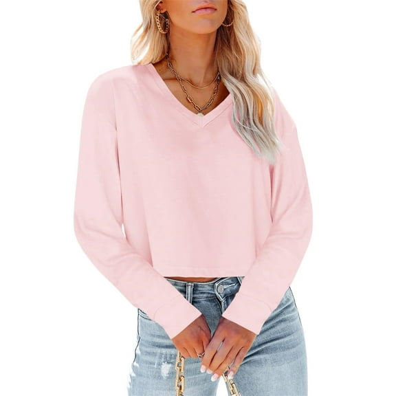 Women Long Sleeve Solid Color V Neck Cropped T Shirts Crop Tops