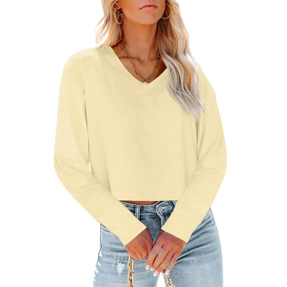 Women Long Sleeve Solid Color V Neck Cropped T Shirts Crop Tops