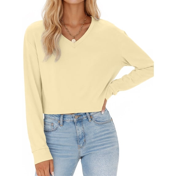 Women Long Sleeve Solid Color V Neck Cropped T Shirts Crop Tops