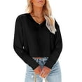 thumbnail image 1 of Women Long Sleeve Solid Color V Neck Cropped T Shirts Crop Tops, 1 of 3