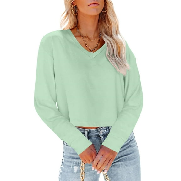 Women Long Sleeve Solid Color V Neck Cropped T Shirts Crop Tops