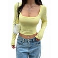 thumbnail image 1 of Women Long Sleeve Square Neck Crop Top Ribbed Slim Fitted Going Out Y2K Tops Casual Basic Shirts Tee Yellow S, 1 of 7