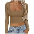 thumbnail image 1 of Women Long Sleeve Square Neck Navel Top Ribbed Slim Fit Top Casual Basic T Shirt, 1 of 7