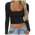 thumbnail image 1 of Women Long Sleeve Square Neck Navel Top Ribbed Slim Fit Top Casual Basic T Shirt, 1 of 5
