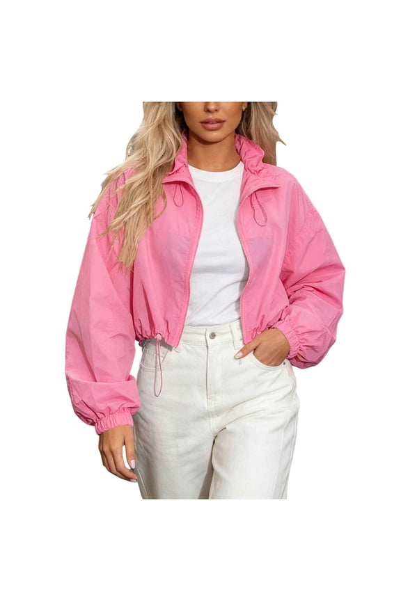 Women Long Sleeve Stand Collar Full Zip Up Solid Drawstring Hem Loose Cropped Windbreaker Jacket