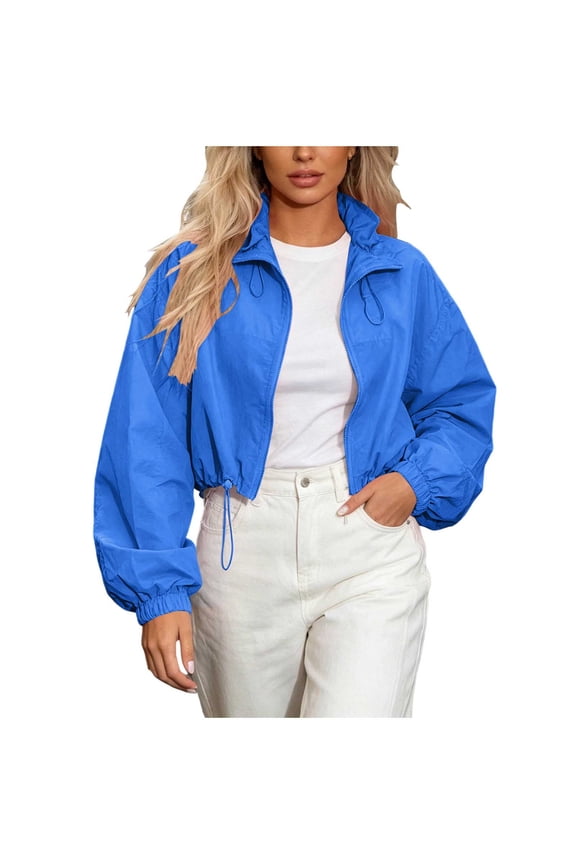 Women Long Sleeve Stand Collar Full Zip Up Solid Drawstring Hem Loose Cropped Windbreaker Jacket