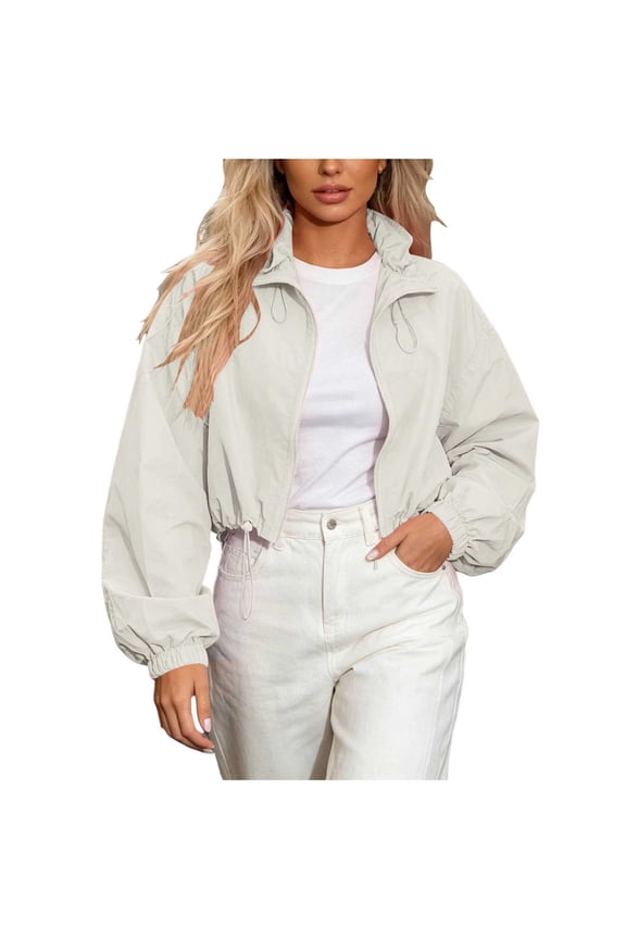 Women Long Sleeve Stand Collar Full Zip Up Solid Drawstring Hem Loose Cropped Windbreaker Jacket