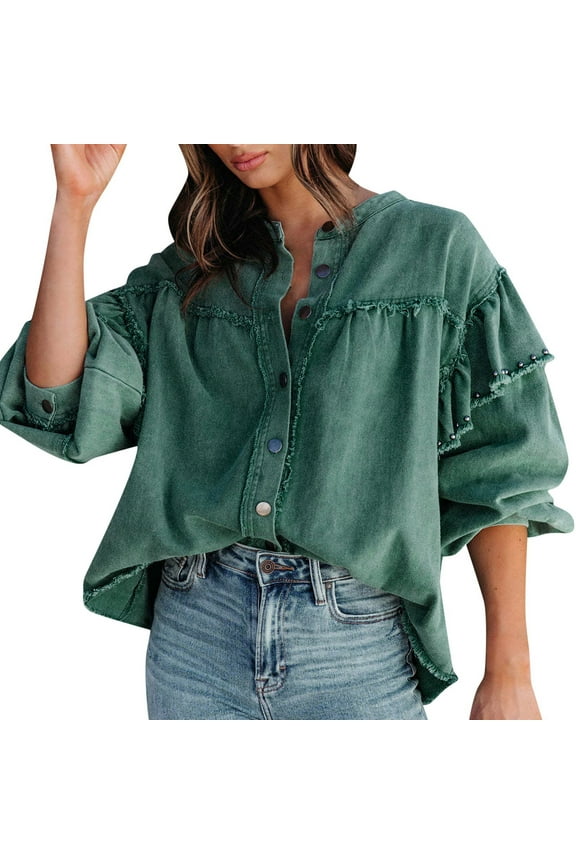 Women' Long Sleeve Street Style Stud Sleeve Denim Jacket With Washed Edges Ruffle Sleeves Loose Fit Coat Jacket Comfy Dressy Outerwear