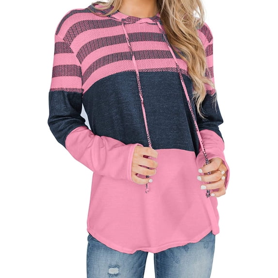 Women Long Sleeve Striped Color Block Casual Hoodies Loose Patchwork Pullover Sweatshirt Knit Tops