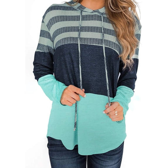 Women Long Sleeve Striped Color Block Casual Hoodies Loose Patchwork Pullover Sweatshirt Knit Tops