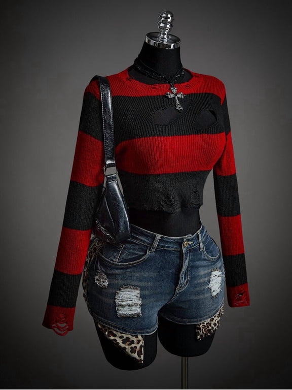 Women Long Sleeve Striped Crop Sweater, Distressed Cutout Goth Style Casual Pullover