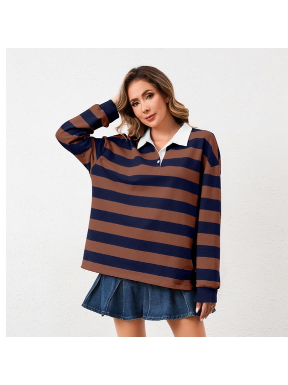 Women Long Sleeve Striped Polo Shirt Oversized Collar Y2k Pullover T Shirt Casual Loose Streetwear Rugby Sweatshirt, 2XL