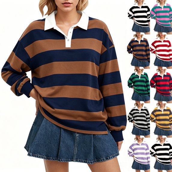 Women Long Sleeve Striped Polo Shirt Oversized Collar Y2k Pullover T Shirt Casual Loose Streetwear Rugby Sweatshirt,Coffee,2XL