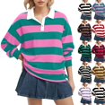 thumbnail image 1 of Women Long Sleeve Striped Polo Shirt Oversized Collar Y2k Pullover T Shirt Casual Loose Streetwear Rugby Sweatshirt，Light pink，M, 1 of 6