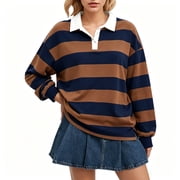 Women Long Sleeve Striped Polo Shirt Oversized Collar Y2k Pullover T Shirt Casual Loose Streetwear Rugby Sweatshirt