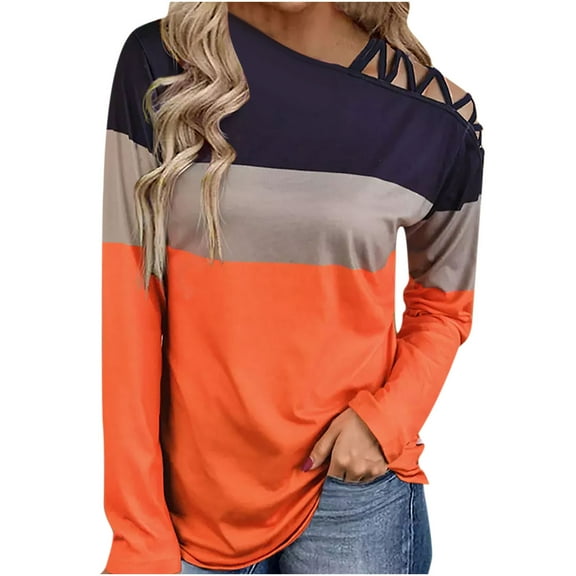 Women Long Sleeve Striped Pullover Tops Cold Shoulder Cross Strap Color Block T Shirts Sweater Blouse Tunics