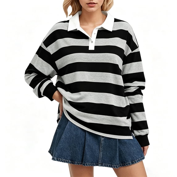 Women Long Sleeve Striped Shirt Button Collar Y2k Pullover T Shirts Casual Loose Oversized Polo Sweatshirt