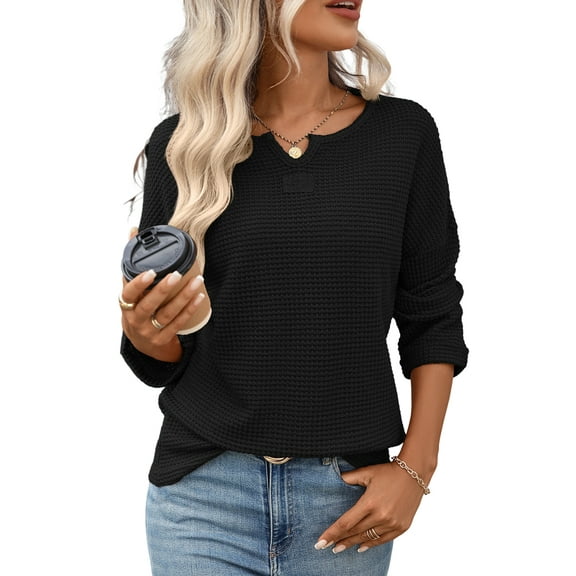 Women Long Sleeve Striped Waffle Knit Tops Fall Winter V Neck Casual Fashion Shirts Black S