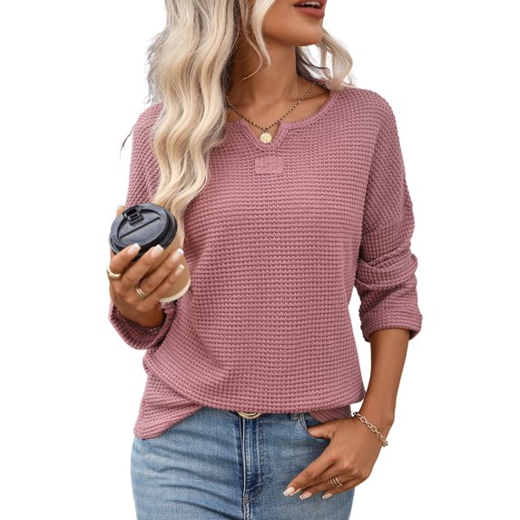Women Long Sleeve Striped Waffle Knit Tops Fall Winter V Neck Casual Fashion Shirts Brown S