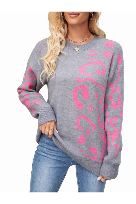 Women Long Sleeve Sweater Fall Casual Crew Neck Knit Tops Leopard Print Cute Loose Pullover Jumper Grey M