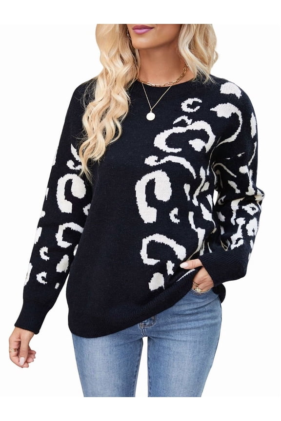 Women Long Sleeve Sweater Fall Casual Crew Neck Knit Tops Leopard Print Cute Loose Pullover Jumper
