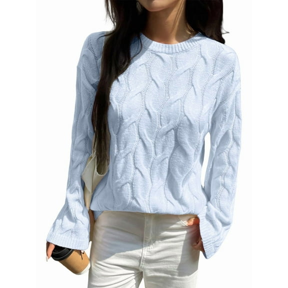 Women Long Sleeve Sweater Fall Ribbed Knit Pullover Loose Crewneck Cable Sweater Jumper Tops Blue M