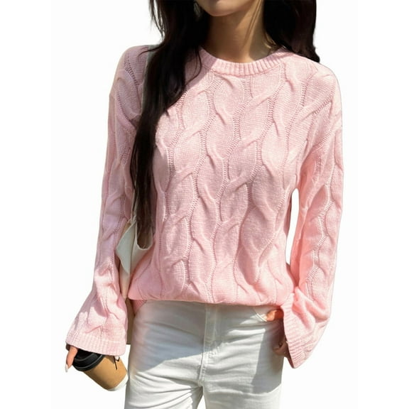 Women Long Sleeve Sweater Fall Ribbed Knit Pullover Loose Crewneck Cable Sweater Jumper Tops Pink S