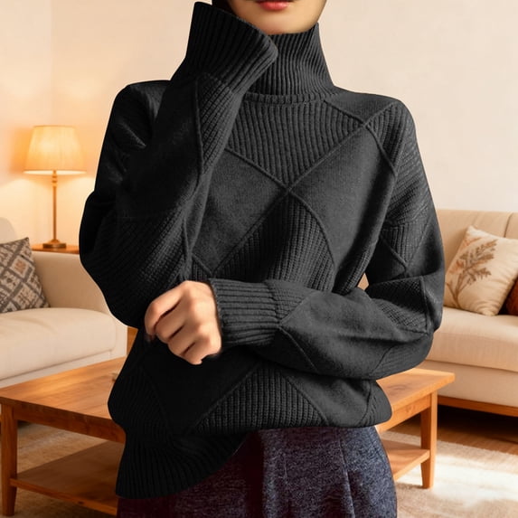 Women Long Sleeve Sweater Fall Ribbed Knit Pullover Turtle Neck Cable Jumper Tops (Black XXL)