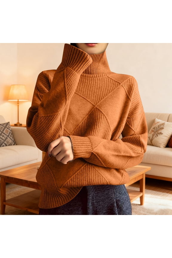 Women Long Sleeve Sweater Fall Ribbed Knit Pullover Turtle Neck Cable Jumper Tops (Orange XL)