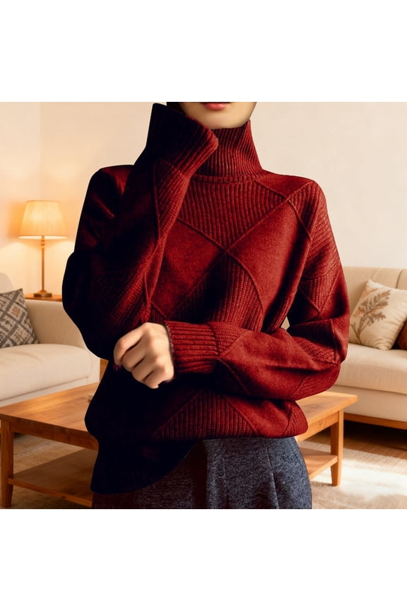 Women Long Sleeve Sweater Fall Ribbed Knit Pullover Turtle Neck Cable Jumper Tops (RD2 S)