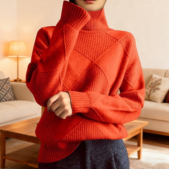 Women Long Sleeve Sweater Fall Ribbed Knit Pullover Turtle Neck Cable Jumper Tops (RD3 S)