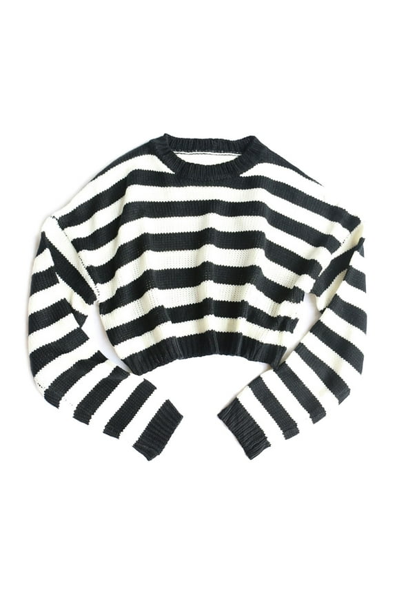 Women Long Sleeve Sweater Vintage Black White Striped O-Neck Cropped Top Navel Exposed Harajuku Loose Knit Jumper