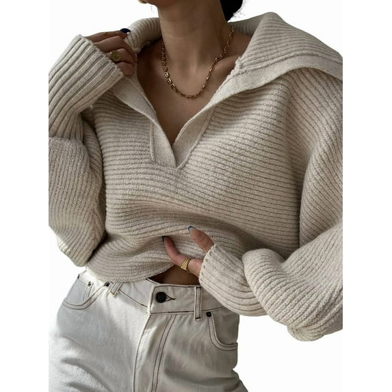 Women Long Sleeve Sweaters Oversized Stretch Fitted Pullover Sweater Ribbed Solid Color Knit Jumper Tops S