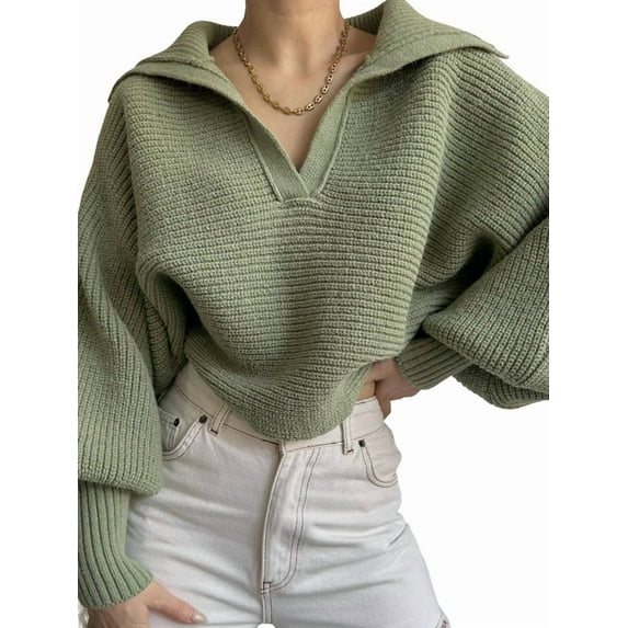 Women Long Sleeve Sweaters Oversized Stretch Fitted Pullover Sweater Ribbed Solid Color Knit Jumper Tops Green XL