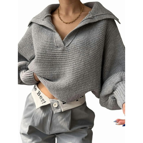 Women Long Sleeve Sweaters Oversized Stretch Fitted Pullover Sweater Ribbed Solid Color Knit Jumper Tops Grey XL