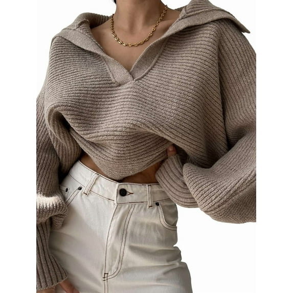 Women Long Sleeve Sweaters Oversized Stretch Fitted Pullover Sweater Ribbed Solid Color Knit Jumper Tops Khaki XL
