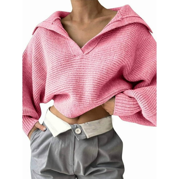 Women Long Sleeve Sweaters Oversized Stretch Fitted Pullover Sweater Ribbed Solid Color Knit Jumper Tops Pink S