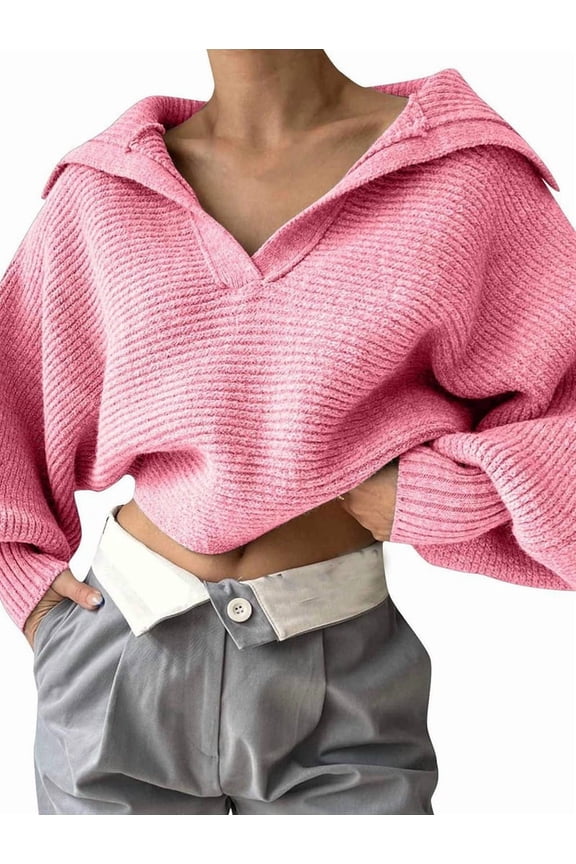Women Long Sleeve Sweaters Oversized Stretch Fitted Pullover Sweater Ribbed Solid Color Knit Jumper Tops Pink S